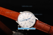 IWC Portuguese Swiss Valjoux 7750 Automatic Movement Steel Case with Silver Dial and Blue Numeral Markers-Brown Leather Strap