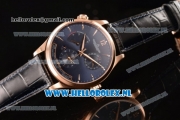 1:1 Jaeger-LECoultre Master Georgraphic Miyota 9015 Automatic Rose Gold Case with Blue Dial Stick Markers and Blue Genuine Leather