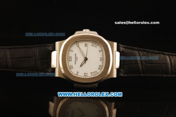 Patek Philippe Nautilus Swiss ETA 2836 Automatic Steel Case with White Dial and Black Leather Strap