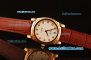 Rolex Cellini Swiss Quartz Rose Gold Case with White Dial and Brown Leather Strap-Diamond Markers