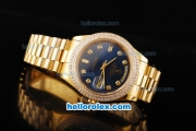 Rolex Day-Date II Automatic Movement Full Gold with Double Row Diamond Bezel-Blue Dial and Diamond Markers