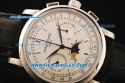 Patek Philippe Moonphase Chronograph Swiss Valjoux 7750 Manual Winding Movement Steel Case with Stick Markers and Black Leather Strap