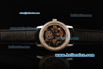 Vacheron Constantin Patrimony Skeleton Automatic Movement Steel Case with Diamond Bezel and Black Leather Strap