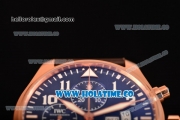 IWC Pilot's Watch Chrono Swiss Valjoux 7750 Automatic Rose Gold Case with Blue Dial Brown Leather Strap and Arabic Numeral Markers
