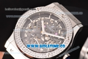 Hublot Classic Fusion Asia 6497 Manual Winding Steel Case with Skeleton Dial Diamonds Bezel and Stick Markers