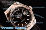 Rolex Day-Date Asia 2813 Automatic Steel Case with Black Leather Strap Stick Markers and Black Dial