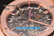 Hublot Classic Fusion Asia 6497 Manual Winding Rose Gold Case with Skeleton Dial Diamonds Bezel and Stick Markers