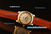 Rolex Cellini Swiss Quartz Yellow Gold Case with White MOP Dial and Brown Leather Strap-Diamond Markers