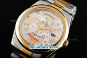 Rolex Day-Date II Oyster Perpetual Automatic Movement Two Tone with Gold Bezel and Flower Pattern Silver Dial