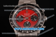 Rolex Daytona Vintage Chrono Miyota OS20 Quartz Steel Case/Bracelet with Silver Markers and Red Dial - Black Inner Bezel