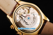 Rolex Daytona Swiss Valjoux 7750 Automatic Movement Gold Case with Blue Dial-Gold Numeral Markers and Brown Leather Strap