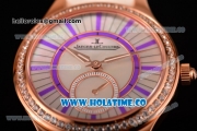 Jaeger-LeCoultre Lady Miyota Quartz Rose Gold Case with White MOP Dial Purple Stick Markers and White Leather Strap - Diamonds Bezel