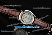 Patek Philippe Complicated World Time Chrono Miyota Quartz Steel Case with White Dial and Brown Leather Strap