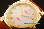 Rolex Cellini Swiss Quartz Yellow Gold Case with Pink MOP Dial and Brown Leather Strap-Diamond Markers