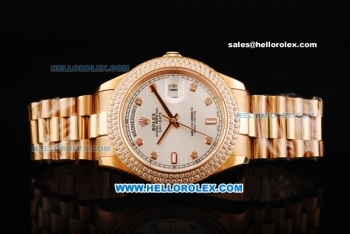 Rolex Day Date II Automatic Movement Full Rose Gold with Double Row Diamond Bezel - Diamond Markers and White Dial