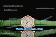 Patek Philippe Complications Miyota Quartz Rose Gold Case with White MOP Dial Green Leather Bracelet and Numeral Markers