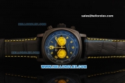 Ferrari Chronograph Miyota Quartz Movement PVD Case with Yellow Arabic Numerals Black Dial and Two Yellow Subdials - Black Leather Strap