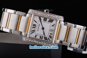 Cartier Tank Quartz Movement Diamond Bezel with White Dial and Two Tone Strap