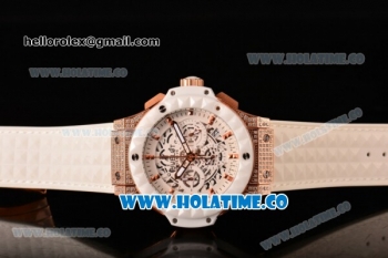 Hublot Big Bang Aero Bang Chrono Miyota Quartz Rose Gold/Diamonds Case with White Skeleton Dial Stick Markers and White Ceramic Bezel