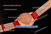 Jaeger-LeCoultre Lady Miyota Quartz Rose Gold Case with White MOP Dial Purple Stick Markers and Red Leather Strap - Diamonds Bezel