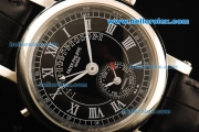 Patek Philippe Automatic Movement Steel Case with Black Dial and White Roman Numerals-Black Leather Strap