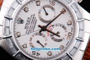 Rolex Daytona Oyster Perpetual Chronometer Automatic with White Diamond Bezel,White Dial and Diamond Marking-Leather Strap