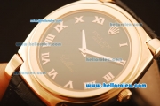Rolex Cellini Swiss Quartz Rose Gold Case with Black Dial and Black Leather Strap-Roman Markers
