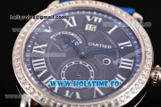 Cartier Rotonde Second Time Zone Day/Night Asia Manual Winding Steel Case with Blue Dial Diamonds Bezel and White Roman Numeral Markers