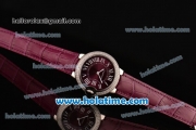 Cartier Ballon Bleu Swiss Quartz Stainless Steel Case with Burgundy Leather Strap Diamond Bezel and Burgundy Dial