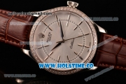 Rolex Cellini Asia Automatic Steel Case with Stick Markers Silver Dial and Brown Leather Strap - Diamonds Bezel