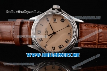 Patek Philippe Calatrava Miyota 9015 Automatic Steel Case with Rose Gold Dial Brown Leather Strap and Roman Numeral Markers