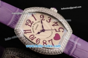 Franck Muller Heart Swiss Quartz Steel Case with Purple Leather Strap Diamond Bezel and White Dial - ETA Coating