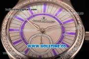 Jaeger-LeCoultre Lady Miyota Quartz Steel Case with White MOP Dial Purple Stick Markers and Pink Leather Strap - Diamonds Bezel