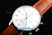 IWC Portuguese Swiss Valjoux 7750 Automatic Movement Steel Case with Silver Dial and Blue Numeral Markers-Brown Leather Strap