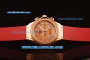 Hublot MDM Chronograph Swiss ETA Quartz Rose Gold Case with Diamond Bezel and Pink MOP Dial-Red Rubber Strap