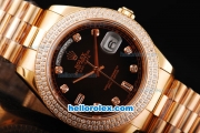 Rolex Day Date II Automatic Movement Full Rose Gold with Double Row Diamond Bezel-Diamond Markers and Black Dial