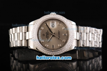 Rolex Day Date II Automatic Movement Full Steel with Double Row Diamond Bezel with Diamond Markers and Grey Dial