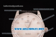 Omega De Ville Prestige Miyota Quartz Steel Case with White MOP Dial Diamonds Bezel and Black Leather Strap