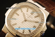 Patek Philippe Nautilus Swiss ETA 2824 Automatic Steel Case with Diamond Bezel and White Dial-Brown Leather Strap 1:1 Original