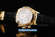 Rolex Daytona Oyster Perpetual Chronometer Automatic Gold Case with Black Dial and Diamond Hour Marker-Leather Strap