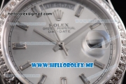 Rolex Day-Date Swiss ETA 2836 Automatic Stainless Steel Case/Bracelet with Silver Dial and Stick Markers Diamonds Bezel (BP)