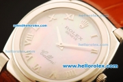 Rolex Cellini Swiss Quartz Steel Case with Beige MOP Dial and Brown Leather Strap-Roman Markers