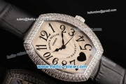 Franck Muller Heart Swiss Quartz Steel Case with Black Leather Strap Diamond Bezel and White Dial - ETA Coating