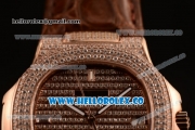 Patek Philippe Nautilus Miyota 9015 Automatic Diamonds/Rose Gold Case with Diamonds Dial and Brown Leather Strap (AAAF)