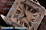 Cartier Santos 100 Medium Japanese Miyota OS2035 Quartz Steel Case with Brown Leather Strap Diamond Bezel and White Dial