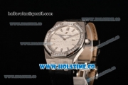 Audemars Piguet Royal Oak Lady Swiss Quartz Steel Case with Diamonds Bezel Black Leather Strap and White Dial