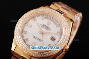 Rolex Day Date II Automatic Movement Full Rose Gold with Double Row Diamond Bezel-Diamond Markers and White MOP Dial