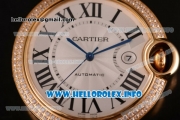 Cartier Ballon Bleu De Large Asia 4813 Automatic Yellow Gold Case with Sliver Dial Diamonds Bezel and Grey Leather strap