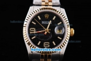 Rolex Datejust New Model Oyster Perpetual Two Tone with Gold Bezel and Black Rolex Logo Dial