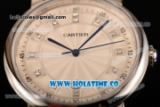 Cartier Rotonde De Miyota Quartz Steel Case with Diamonds Markers White Dial and Brown Leather Strap